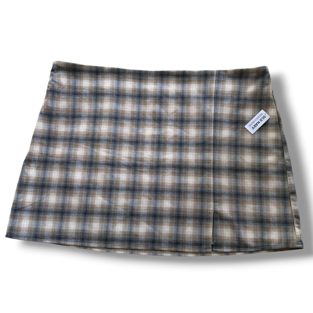 Old‎ Navy XXL Brown Gray Shadow Plaid  Lined Front Slit Heritage Mini Skirt Boho